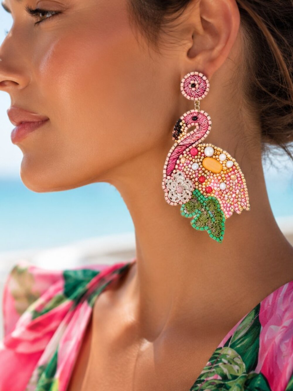 Jeweled Beaded Flamingo Floral Embroidered Stone Bird Resort Statement Earrings